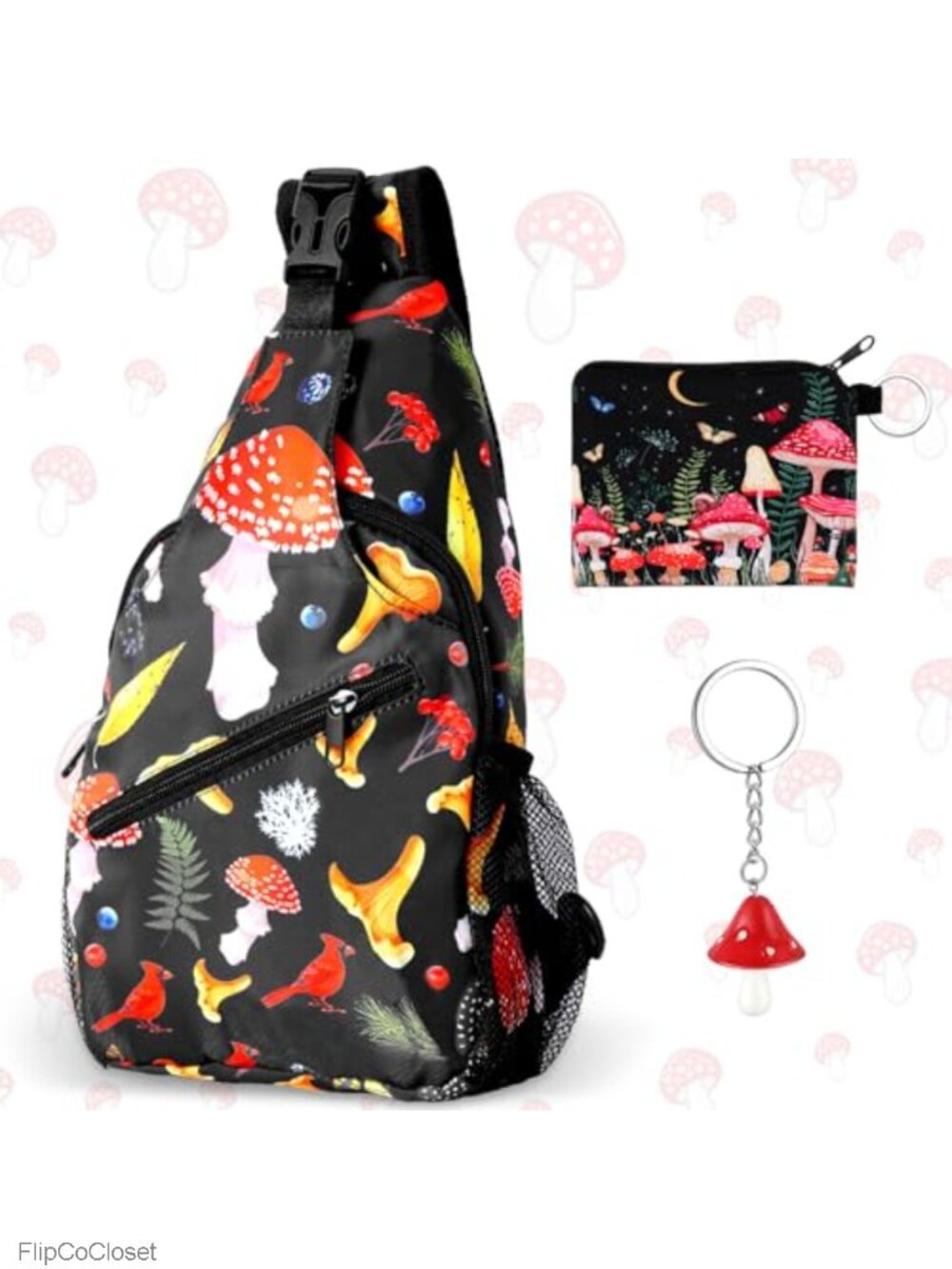 Mushroom Sling Bag Crossbody Purse Keychain Set 3 Pc Adjustable Strap